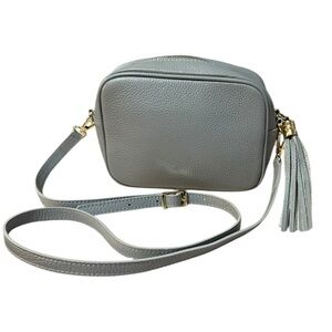 Gray Pebble Leather Crossbody Bag with Tassel Adjustable Strap Made In Italy